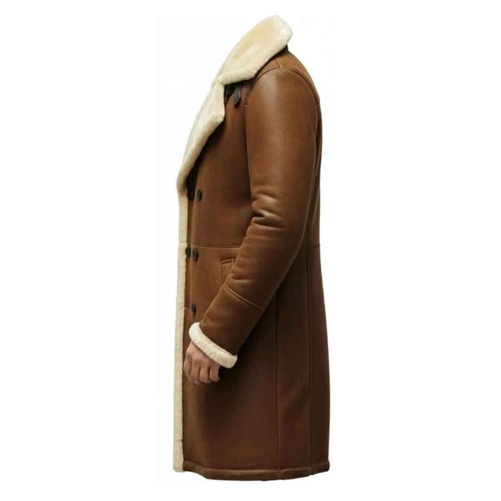 Brown leather coat with white fur lining on a white background