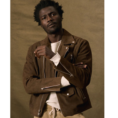 men wearing brown suede jacket