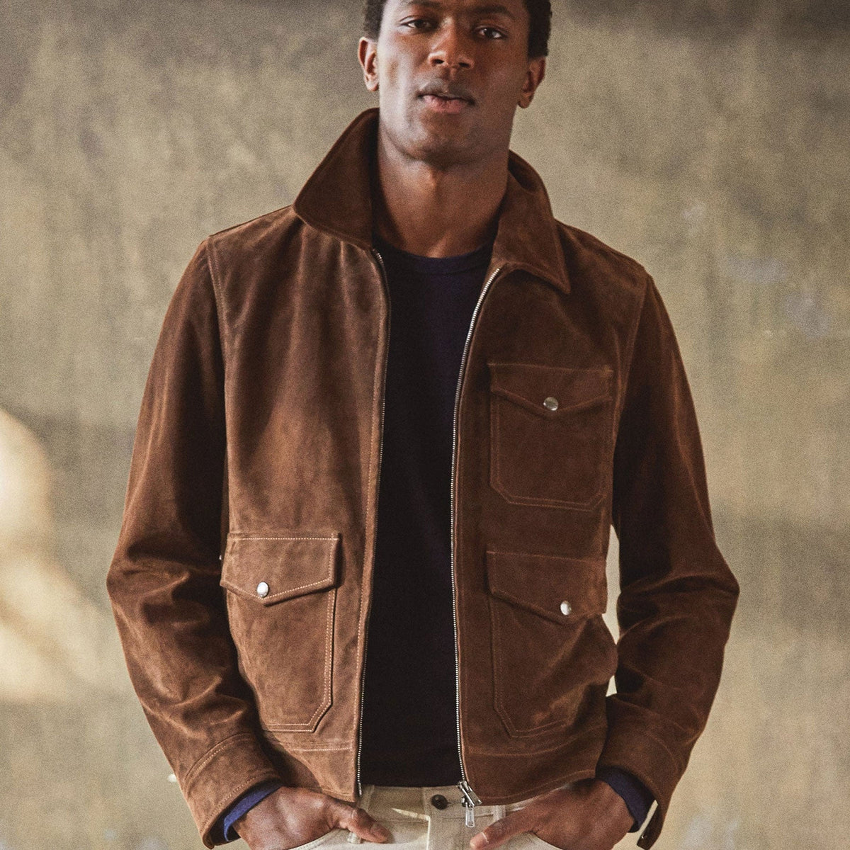 model wearing suede jacket