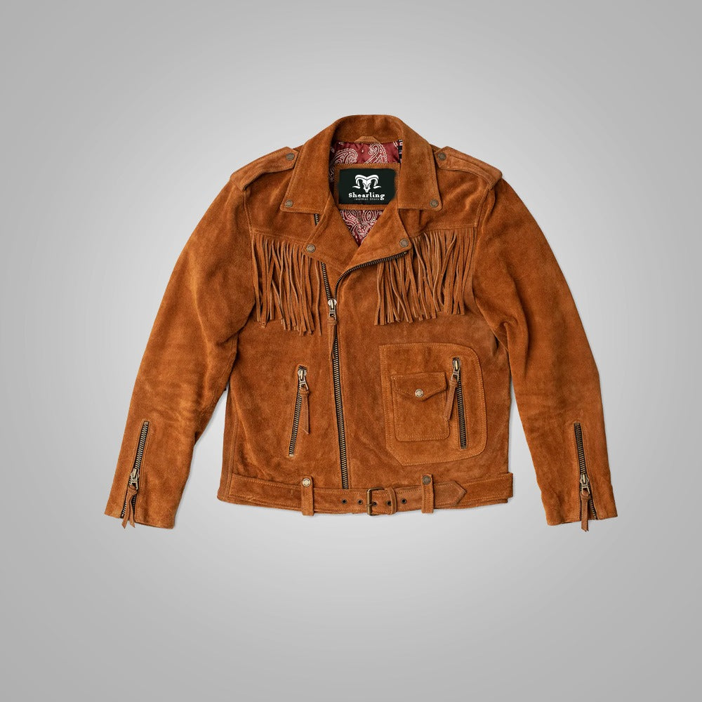 Brown suede jacket with fringes on a gray background
