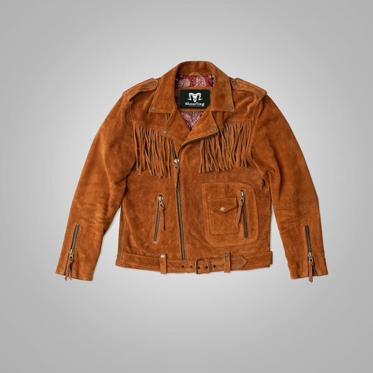 Brown suede jacket with fringes on a gray background
