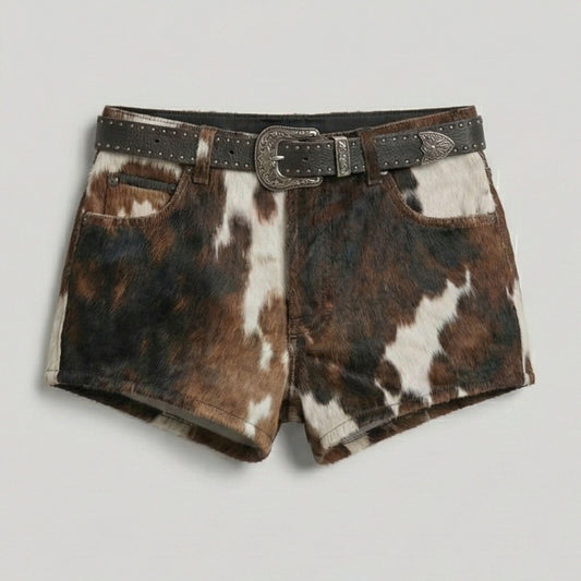 Cow print shorts in brown, black, and white with a matching dark brown studded belt featuring a silver-toned buckle.