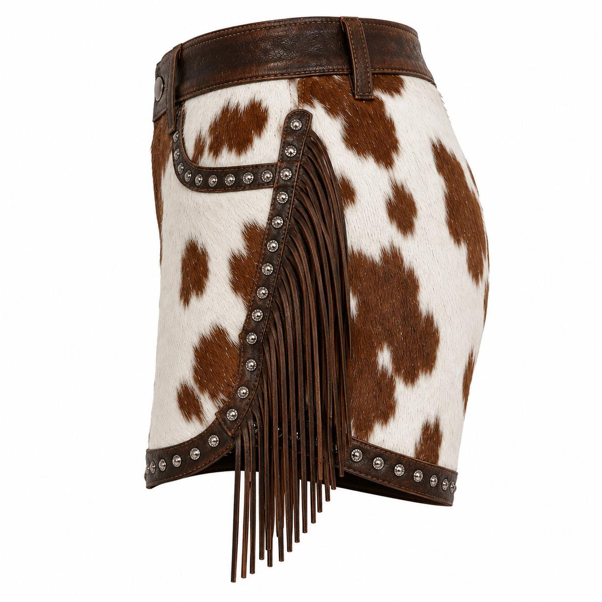 left view of cowhide leather shorts