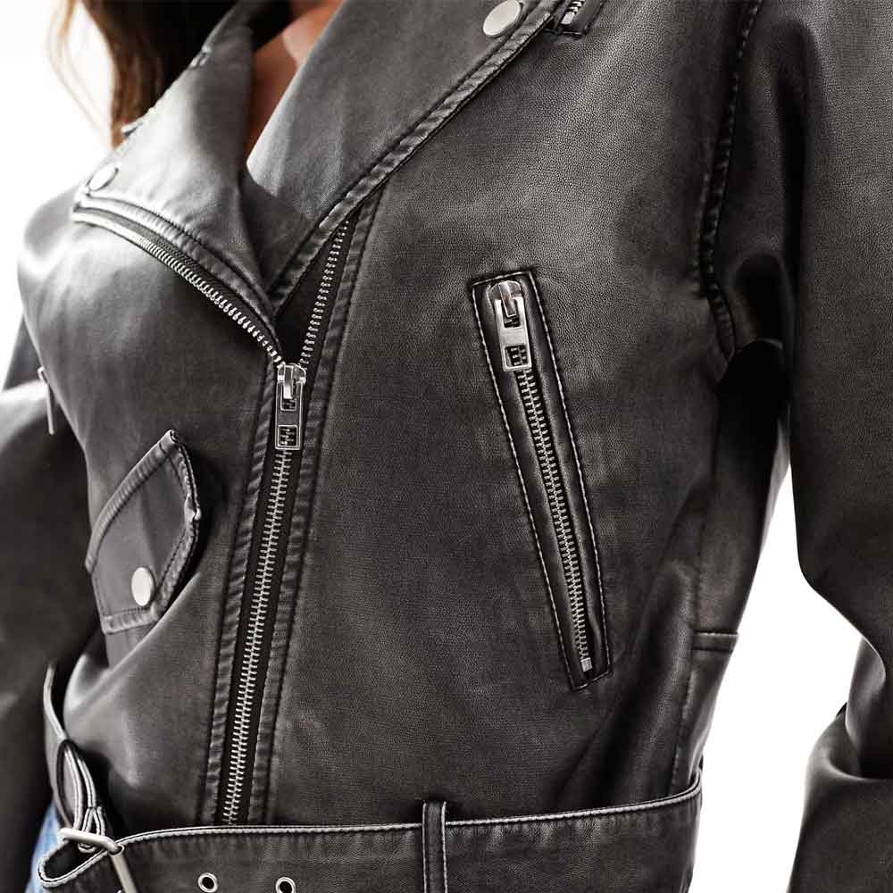 Close up of Cropped Leather Biker Jacket