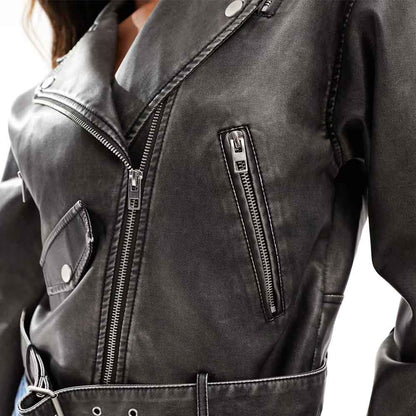 Close up of Cropped Leather Biker Jacket