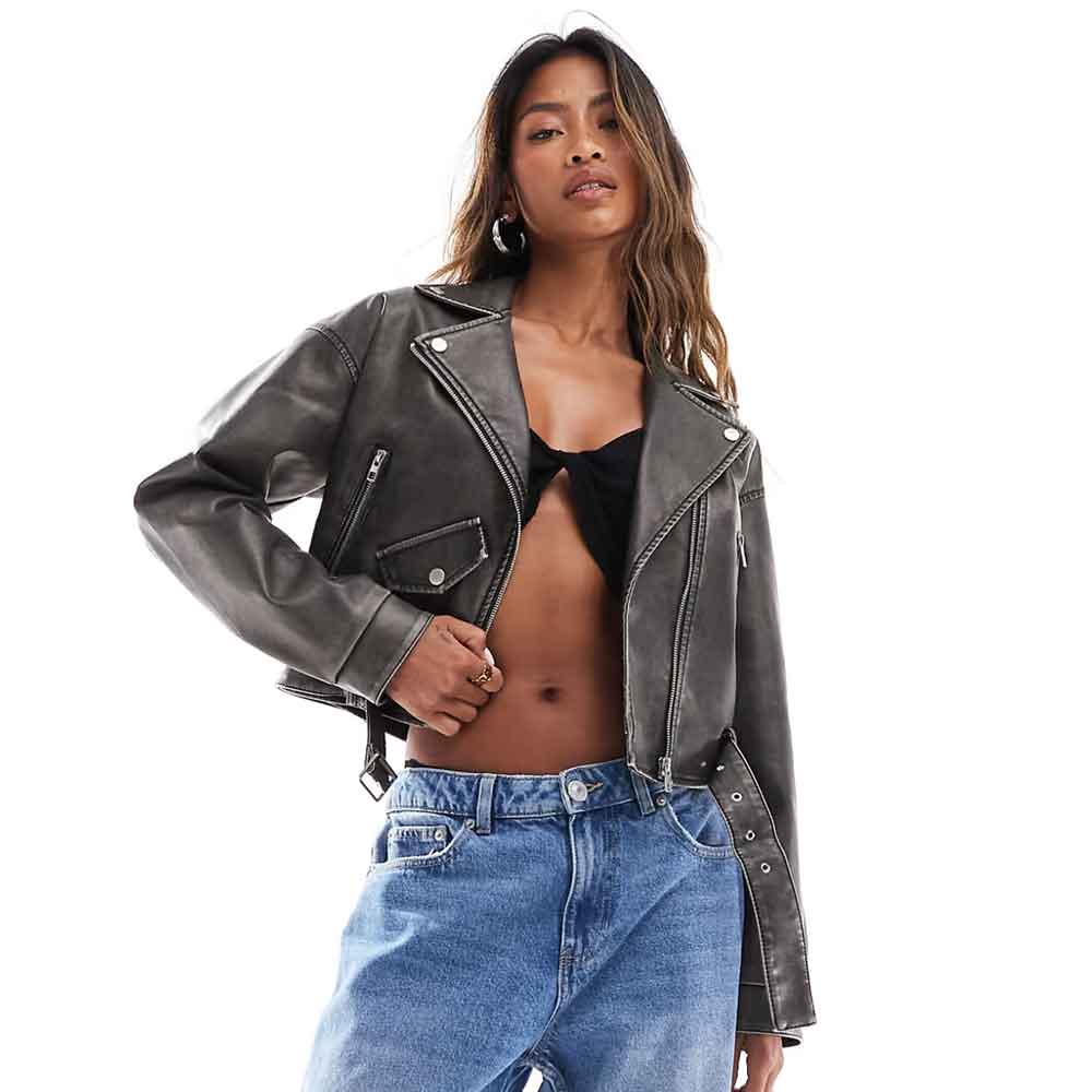 Front view of Cropped Leather Biker Jacket