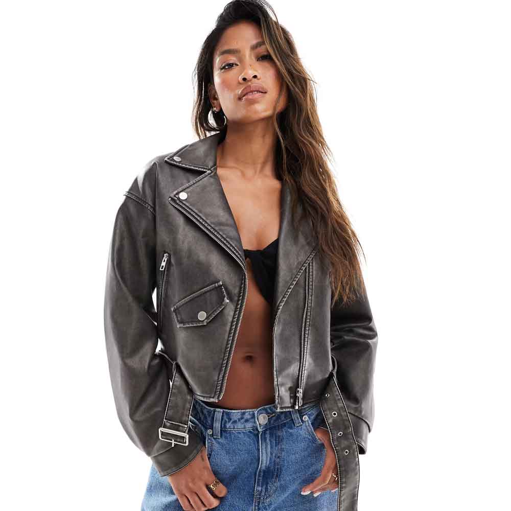 Cropped Leather Biker Jacket
