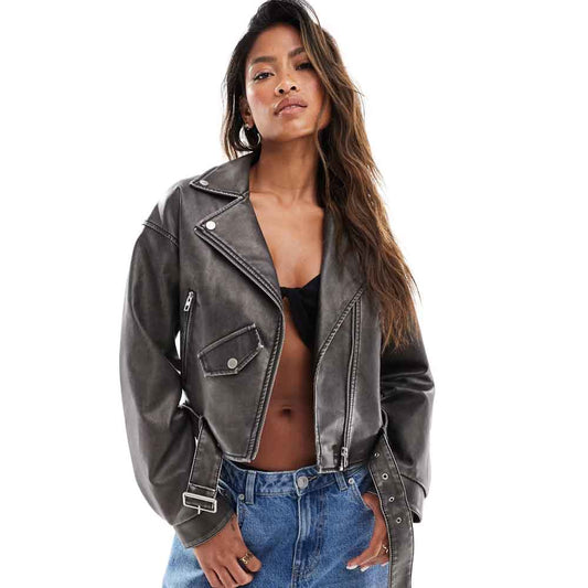 Cropped Leather Biker Jacket