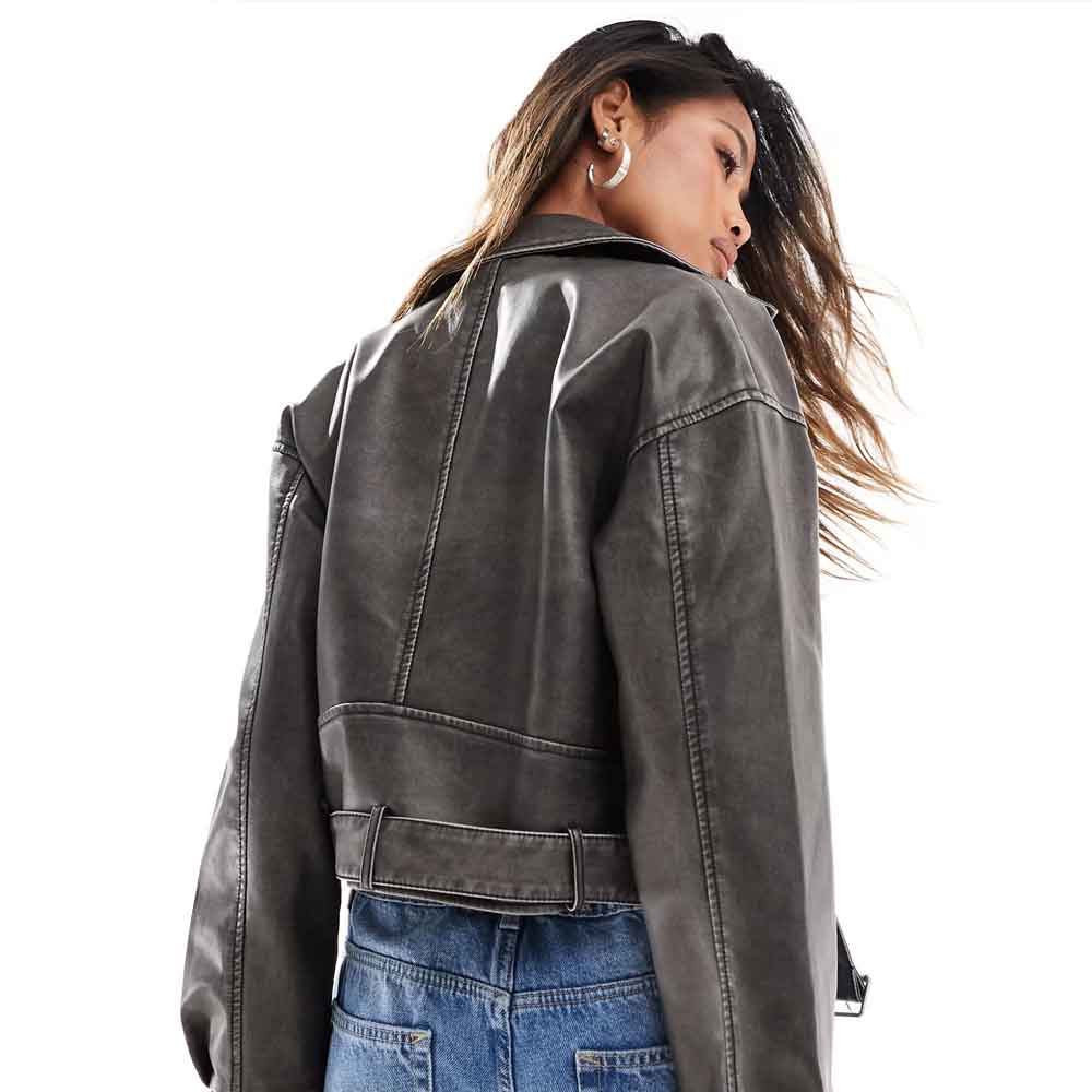 A woman wearing a Cropped Leather Biker Jacket