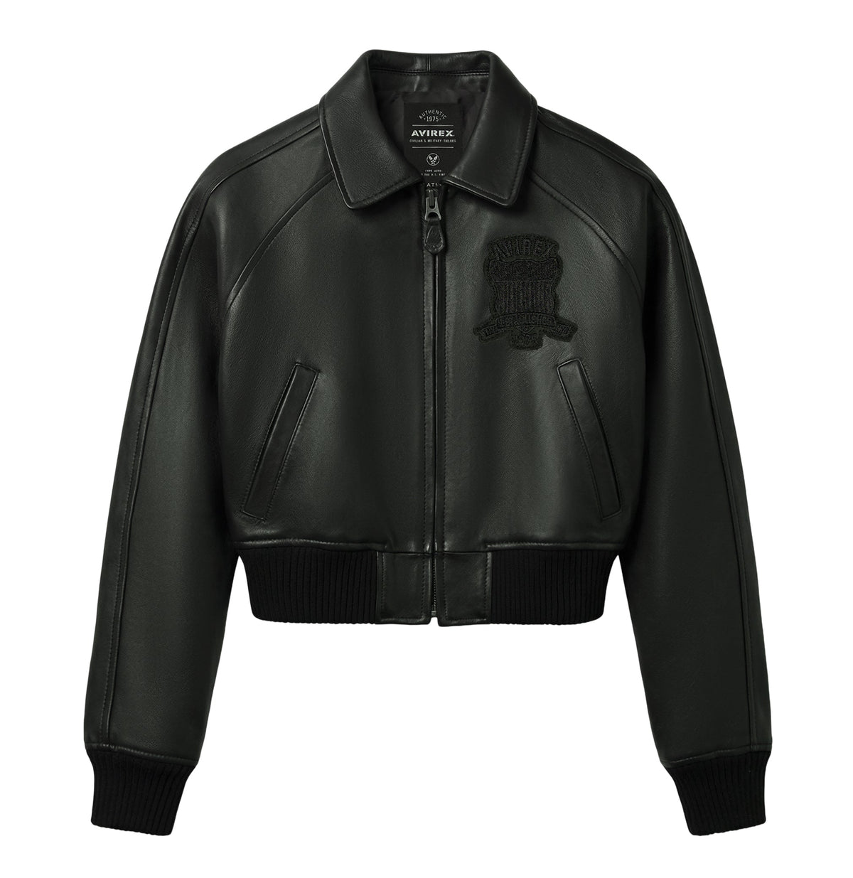 Women’s black cropped Avirex Iconic lambskin leather jacket front