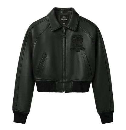 Women’s black cropped Avirex Iconic lambskin leather jacket front
