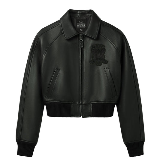Women’s black cropped Avirex Iconic lambskin leather jacket front