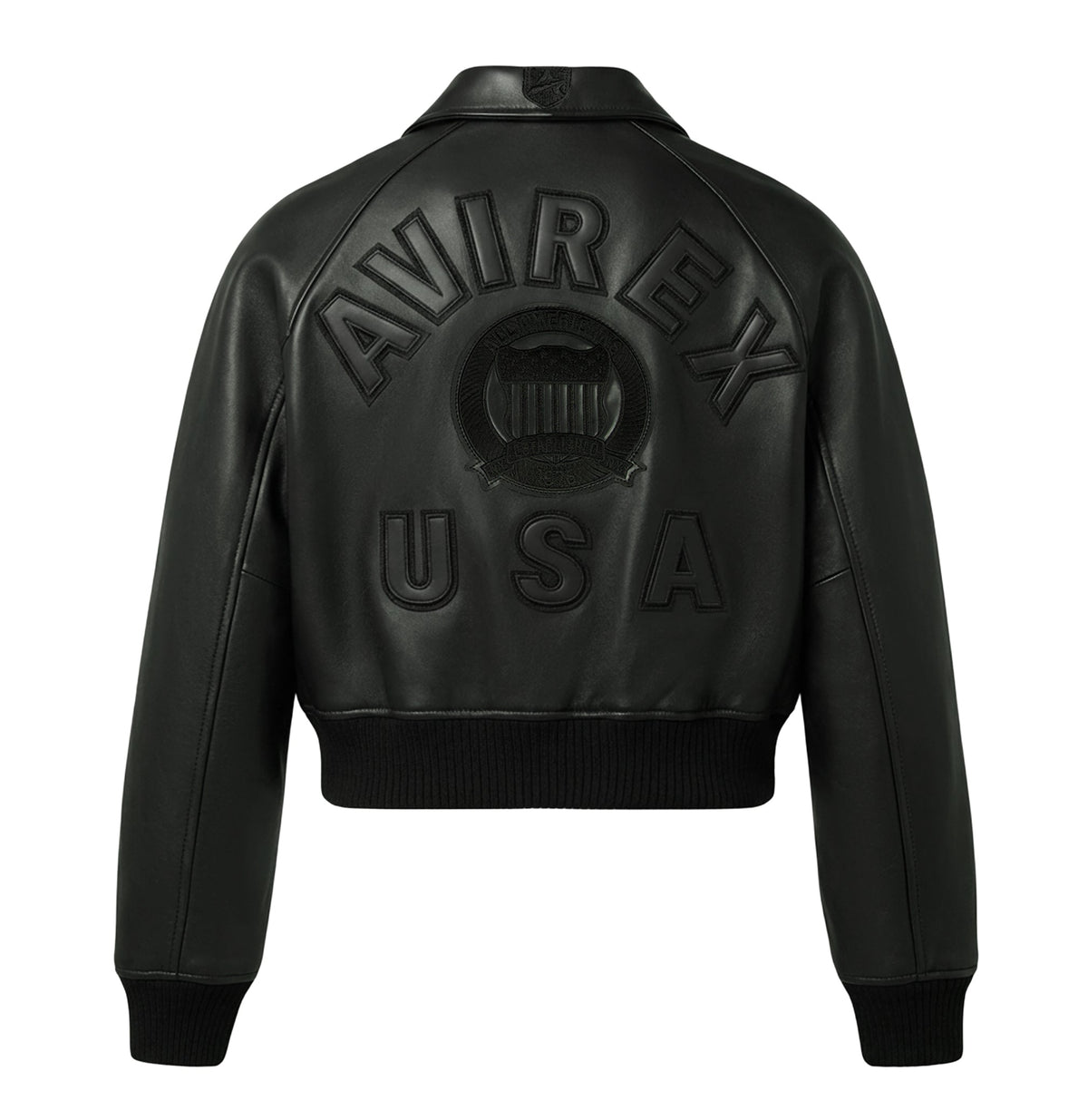 Back of women’s cropped Avirex jacket with tonal logo appliqué