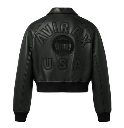 Back of women’s cropped Avirex jacket with tonal logo appliqué