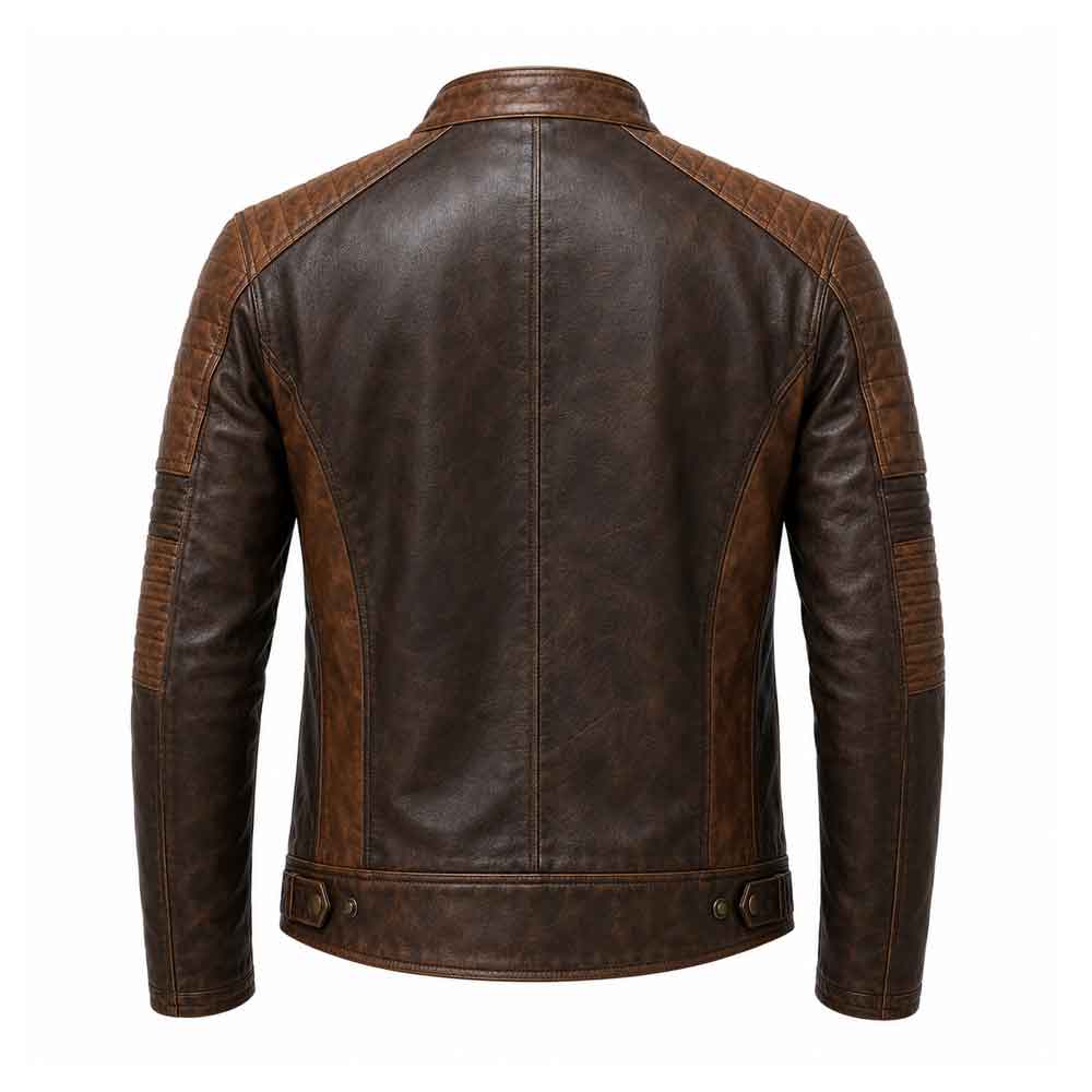 A dark brown leather jacket with lighter brown contrast panels on the shoulders, sides, and sleeves, shown from the back against a plain white background.