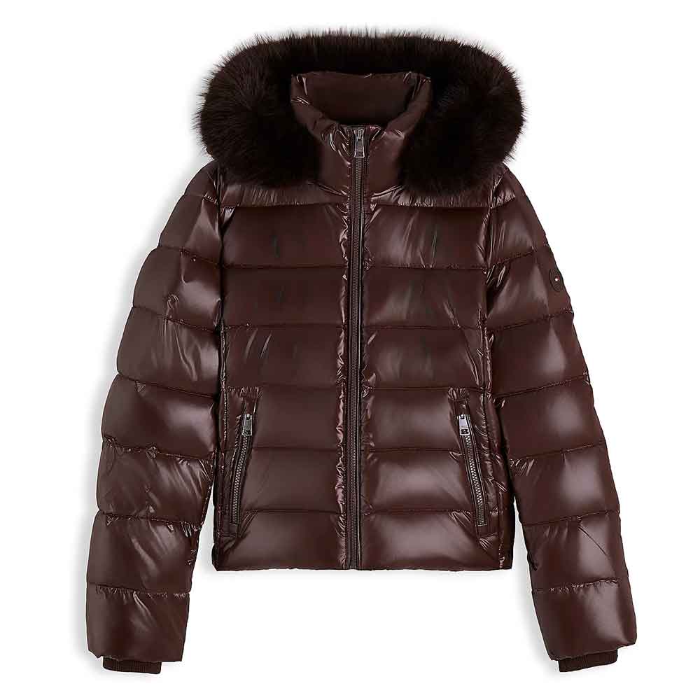 A dark brown puffer jacket with a large dark brown faux-fur trimmed hood, shown against a plain white background.