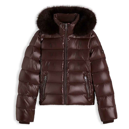 A dark brown puffer jacket with a large dark brown faux-fur trimmed hood, shown against a plain white background.
