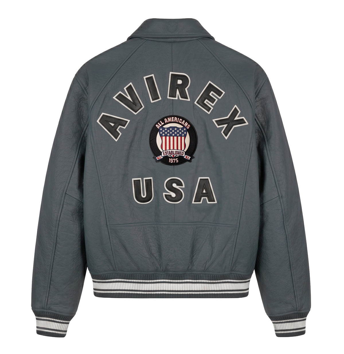 Back of grey Avirex leather jacket with logo and USA appliqué