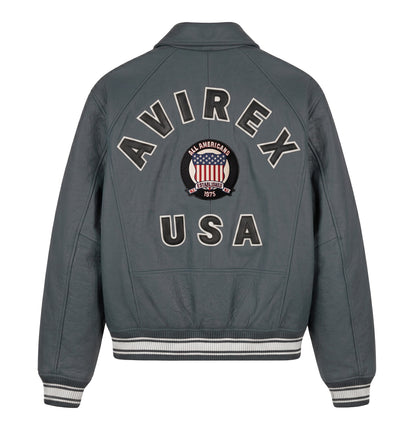 Back of grey Avirex leather jacket with logo and USA appliqué