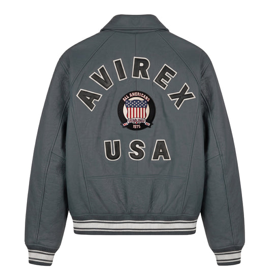 Back of grey Avirex leather jacket with logo and USA appliqué