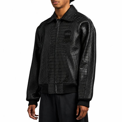 Male model wearing medium Avirex black leather bomber jacket
