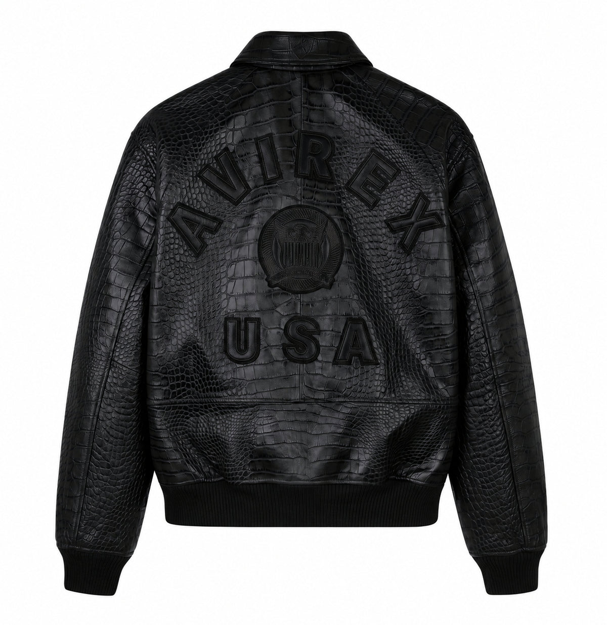 Back view of black Avirex Iconic crocodile-effect jacket