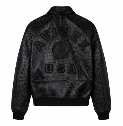 Back view of black Avirex Iconic crocodile-effect jacket