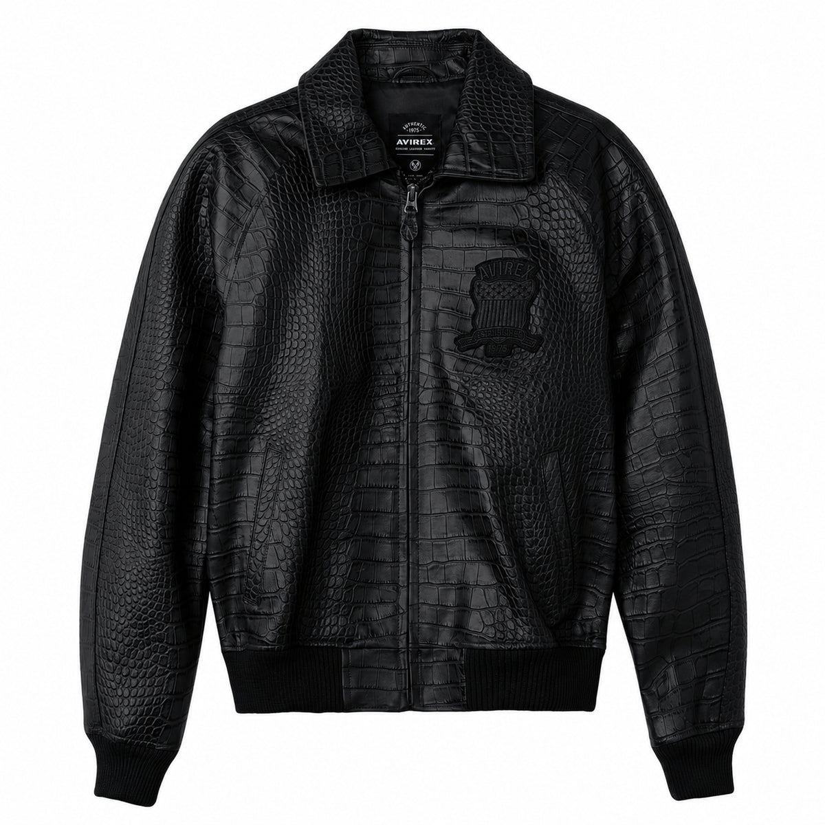 Avirex black crocodile-embossed goatskin bomber jacket front