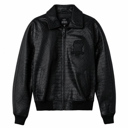 Avirex black crocodile-embossed goatskin bomber jacket front