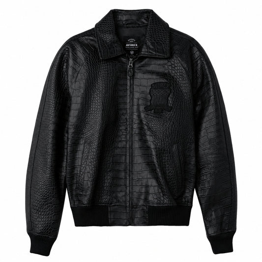 Avirex black crocodile-embossed goatskin bomber jacket front