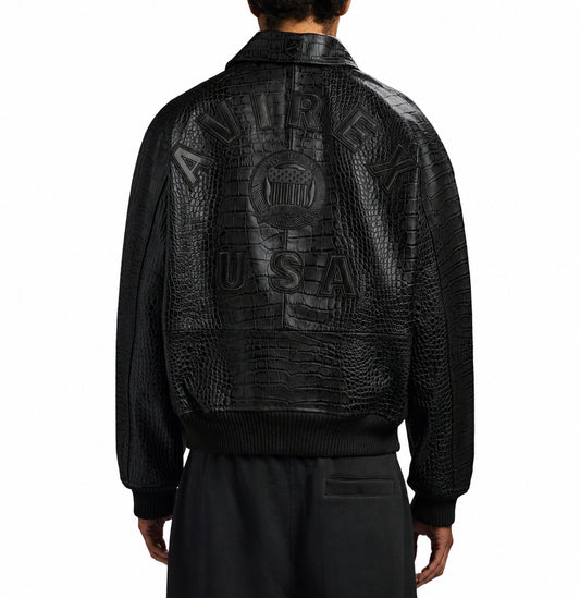 Male model wearing black Avirex croc-effect leather jacket from the back