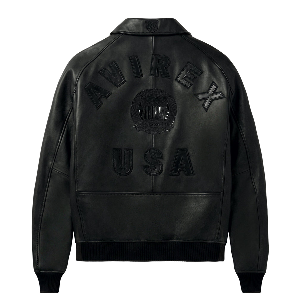 Man wearing black Avirex Iconic jacket showing oversized back branding