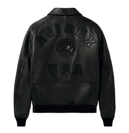 Man wearing black Avirex Iconic jacket showing oversized back branding