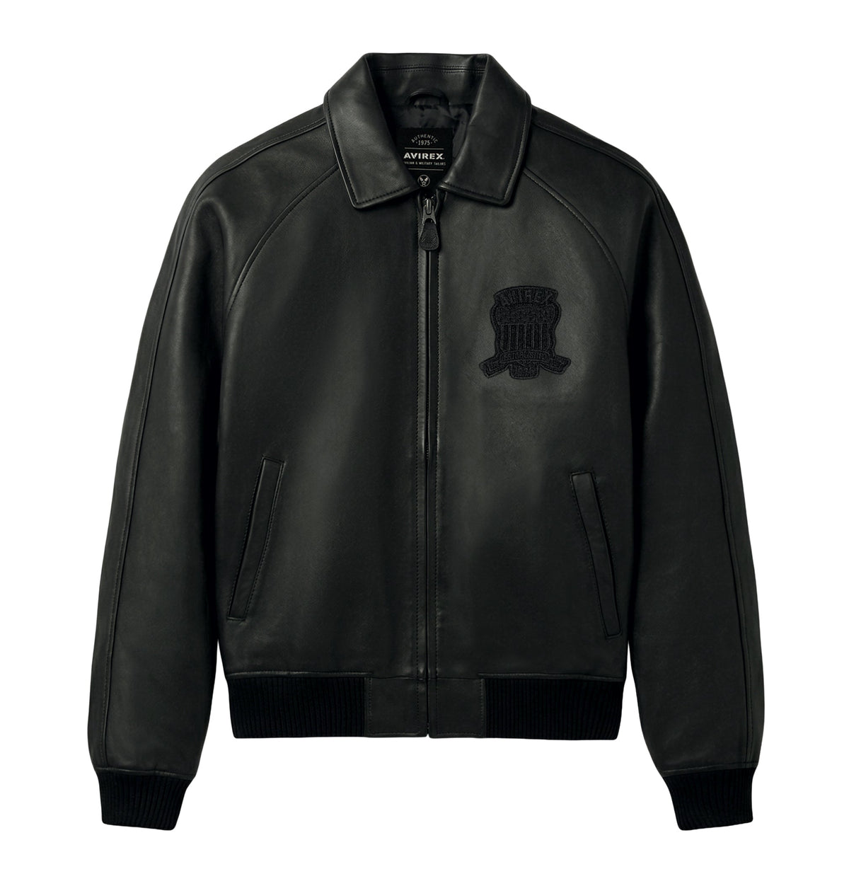 Black Avirex Iconic lambskin leather jacket chest logo close-up