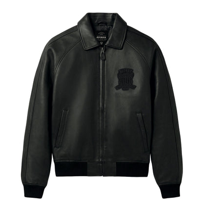 Black Avirex Iconic lambskin leather jacket chest logo close-up