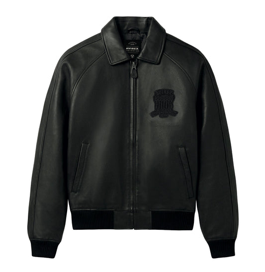Black Avirex Iconic lambskin leather jacket chest logo close-up