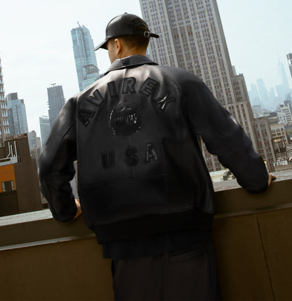 Black knitted rib cuff on Avirex Iconic bomber jacket