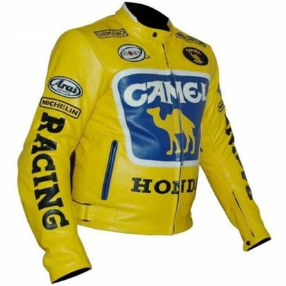 Men's Honda Motorcycle Jacket Camel Racing Motorcycle Yellow Leather Jacket - bombersflight