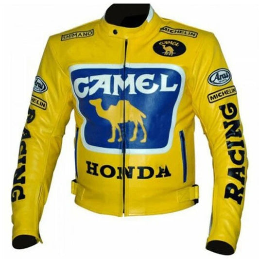 Men's Honda Motorcycle Jacket Camel Racing Motorcycle Yellow Leather Jacket - bombersflight