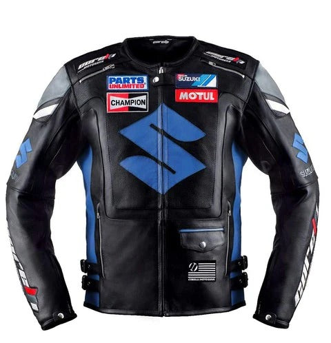 Suzuki Motorbike Jacket Blue Motul Motorcycle Leather Racing Jacket - bombersflight