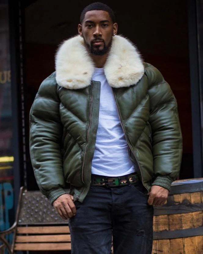 MEN V BOMBER JACKET - MONEY GREEN (OFF WHITE FUR) - bombersflight