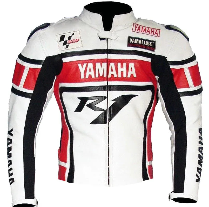 New Yamaha Racing R1 White  Cowhide Motorcycle  Leather Jacket - bombersflight