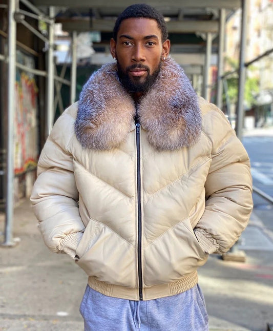 MEN V BOMBER JACKET - OFF WhITE CREAM COLOR WITH CRYSTAL FOX - bombersflight