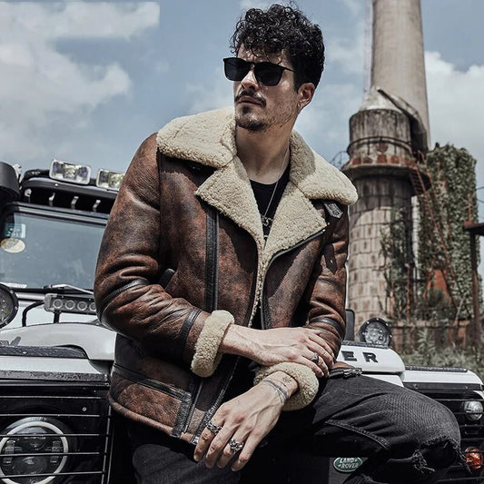 Men's waxed Shearling Aviator Leather Jacket Coat On Sale