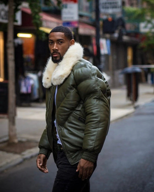 MEN V BOMBER JACKET - MONEY GREEN (OFF WHITE FUR) - bombersflight