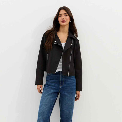 Ladies Black Suede Jacket in Biker Style