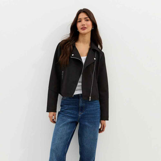 Ladies Black Suede Jacket in Biker Style