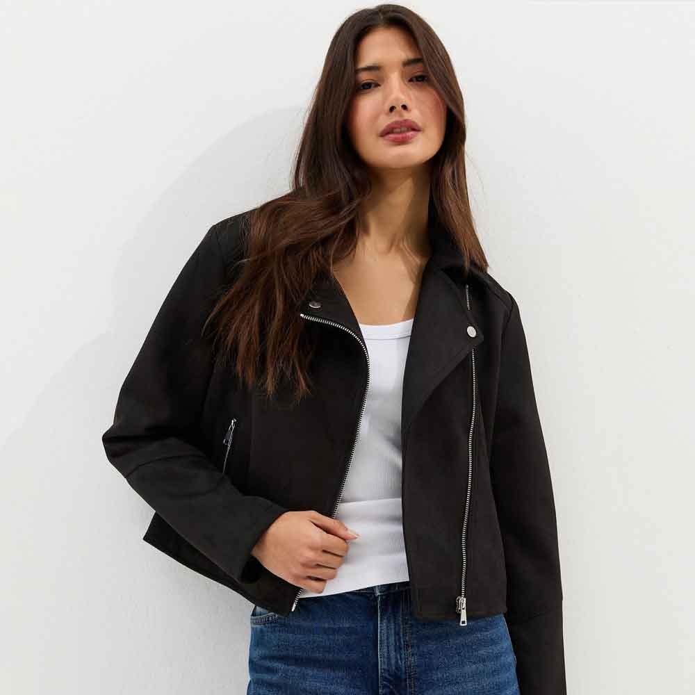 A women wearing Black Suede Jacket in Biker Style