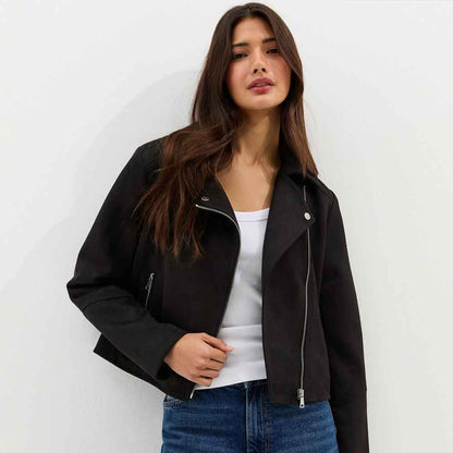 A women wearing Black Suede Jacket in Biker Style