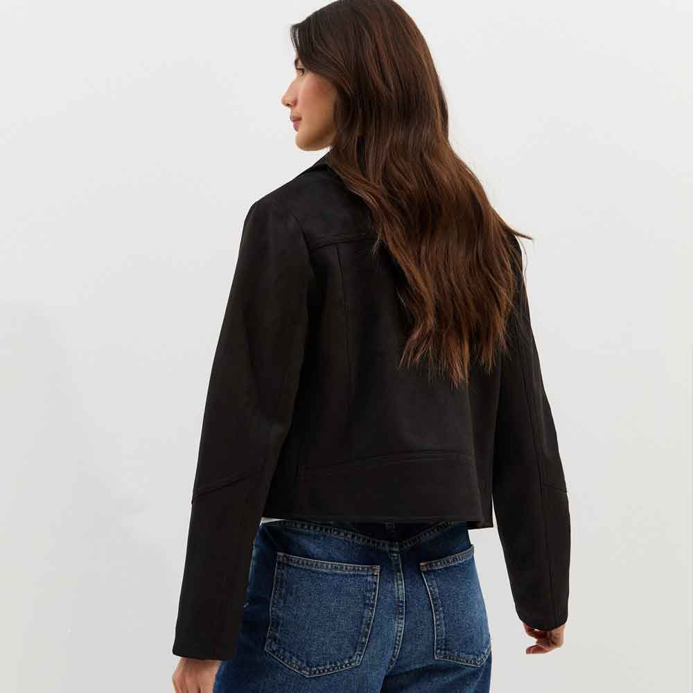 Back view of Ladies Black Suede Jacket in Biker Style